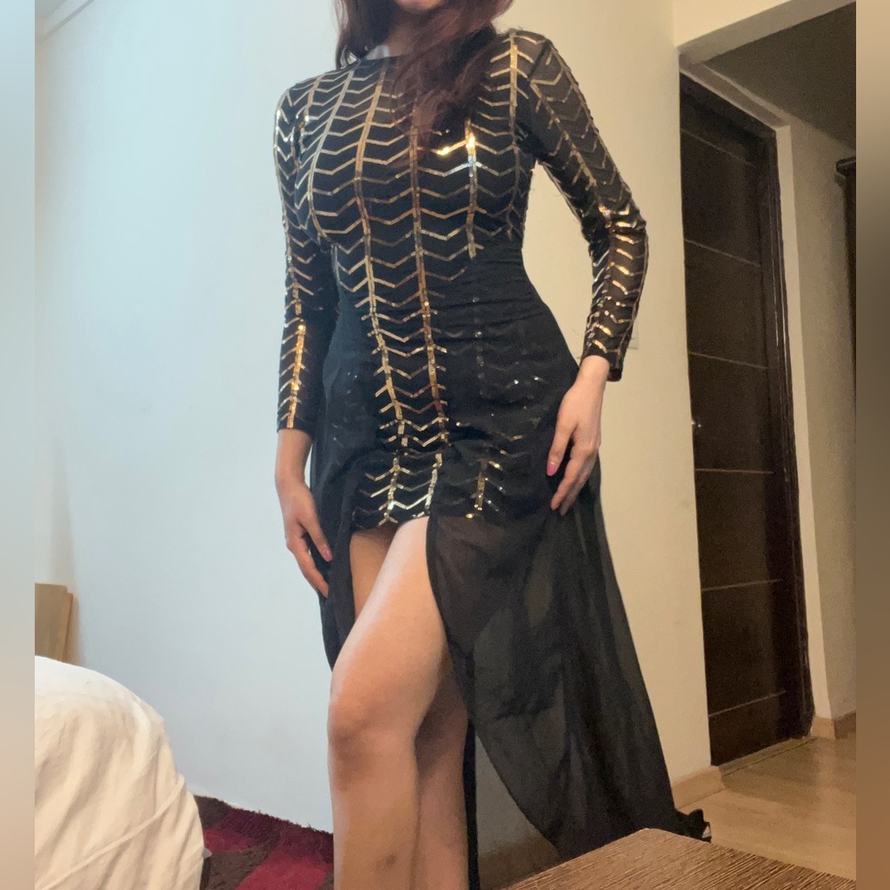 Golden Beaded Black Full sleeves Gown - Picture 6 of 8